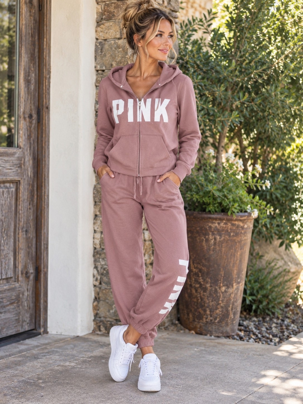 PINK Victoria’s Secret Matching Hoodie Jogger Set Dusty Rose Logo Size Small